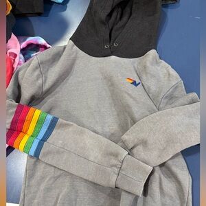 Aviator Nation Gray Hoodie with Rainbow Sleeve Detail